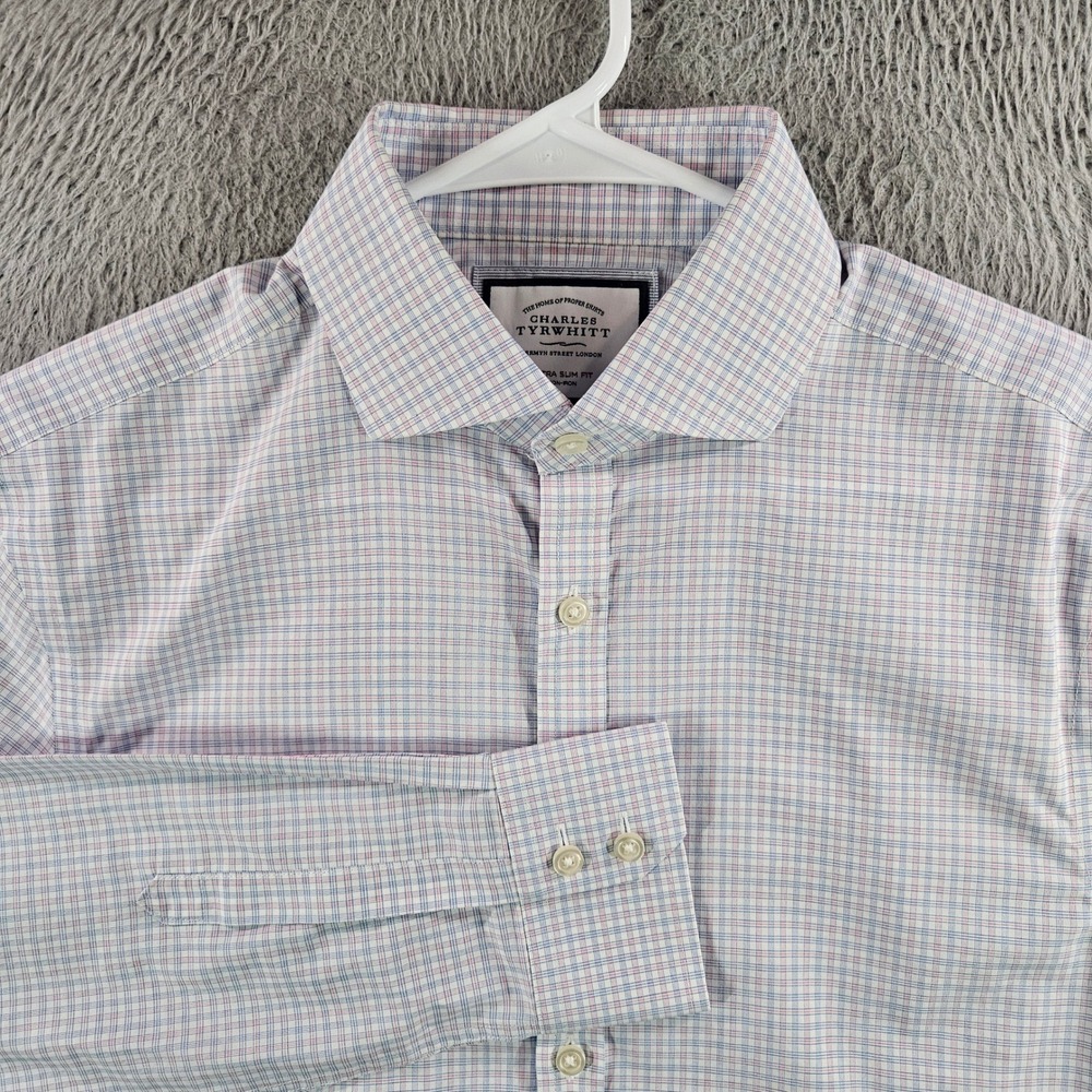 Charles Tyrwhitt Extra Slim Fit Non-Iron Check‎ Dress Shirt 15.5 35 Blue Pink
